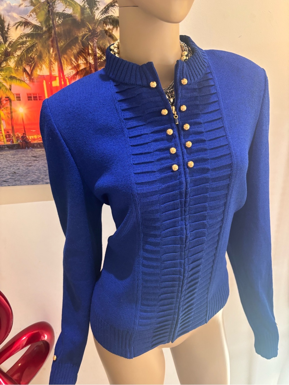 St. John Cobalt Royal  Blue  Knit Jacket 10 M embellished buttons
